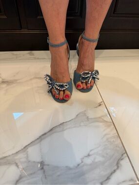 Guess Denim Blue Crystal Bow Ankle-Strap Heels